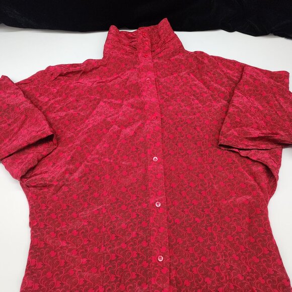 Ann Taylor Red Silk Button Up Top With High Band Collar Gathered VTG 1980s - Picture 1 of 6